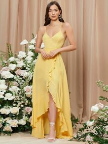 SHEIN Ruffle Trim Lace Up Backless Asymmetrical Hem Cami Dress - Yellow - View 3