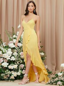 SHEIN Ruffle Trim Lace Up Backless Asymmetrical Hem Cami Dress - Yellow - View 4