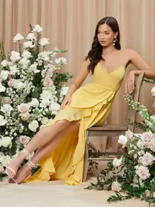 SHEIN Ruffle Trim Lace Up Backless Asymmetrical Hem Cami Dress - Yellow - View 5