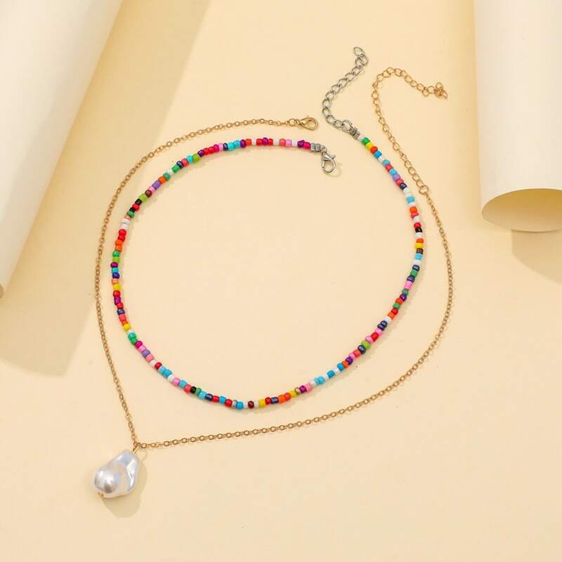 

2pcs Faux Pearl & Beaded Necklace, Multicolor