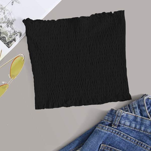 

Frill Trim Shirred Tube Top, Black