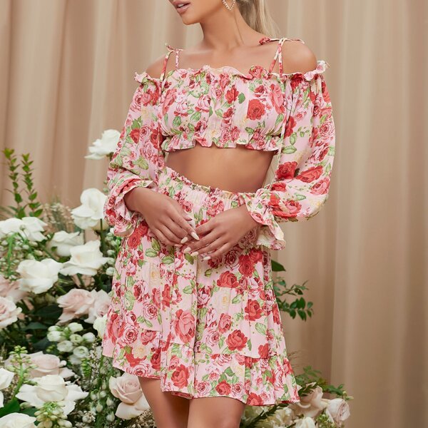 

Allover Floral Print Cold Shoulder Flounce Sleeve Crop Top, Multicolor