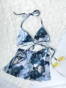 3packs Marble Print Triangle Bikini Set & Beach Skirt - Multicolor - View 2