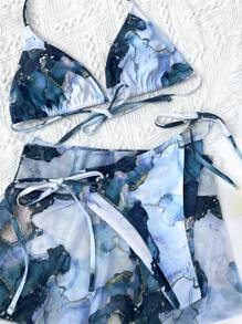 3packs Marble Print Triangle Bikini Set & Beach Skirt - Multicolor - View 3