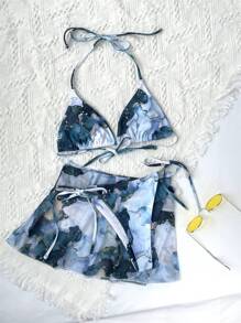 3packs Marble Print Triangle Bikini Set & Beach Skirt - Multicolor - View 4