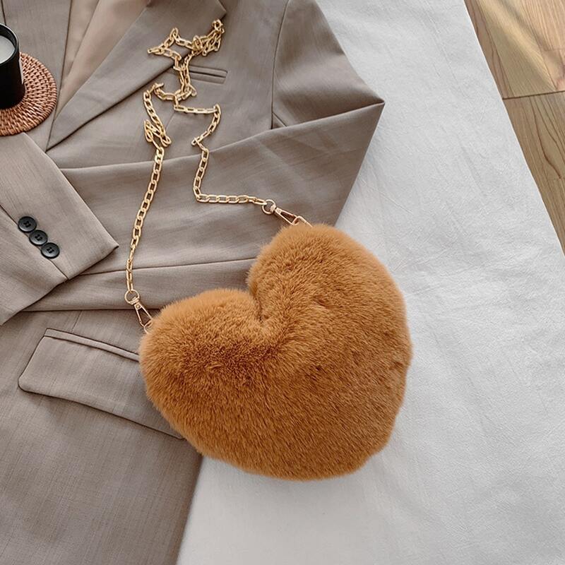 

Heart Shaped Fluffy Crossbody Bag, Brown