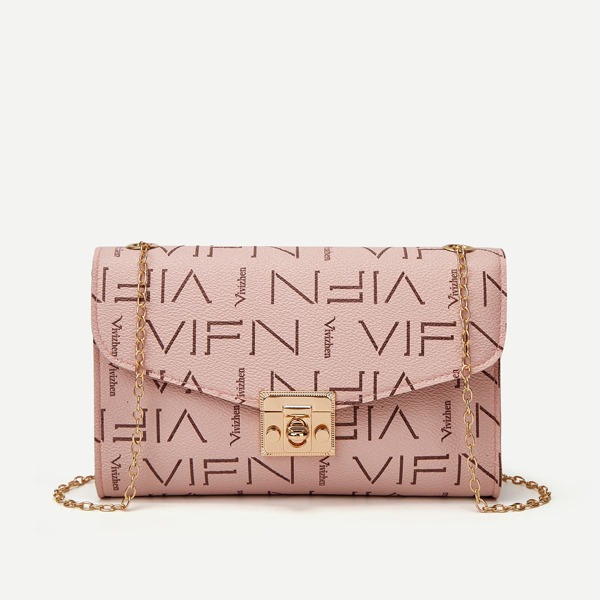 

Letter Graphic Twist Lock Chain Bag, Dusty pink