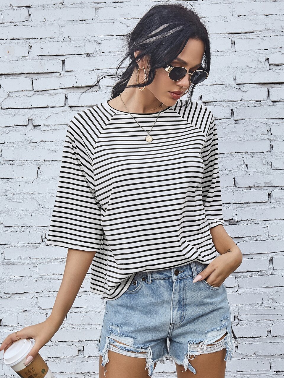 Raglan Sleeve Striped Print Tee
