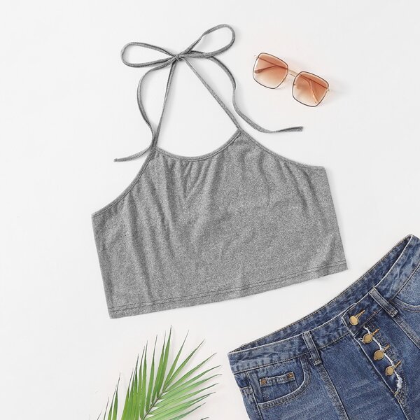 

Plus Solid Crop Halter Top, Grey