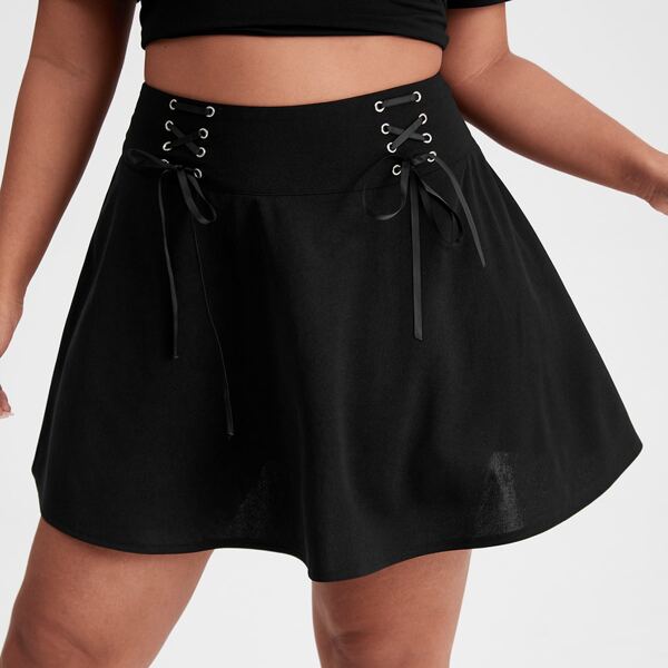 

Plus Solid Lace Up Skirt, Black