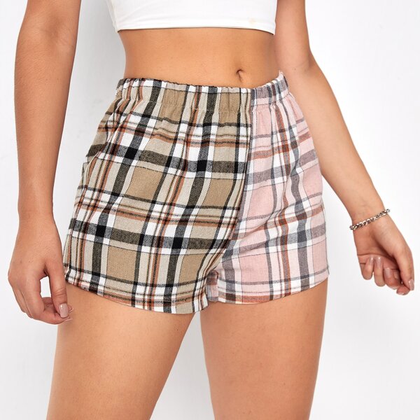 

Plaid Spliced Elastic Waist Shorts, Multicolor