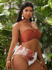 SHEIN Swim Curve 大码大理石印花吊带比基尼套装夏季海滩 - 彩色 - 查看 4