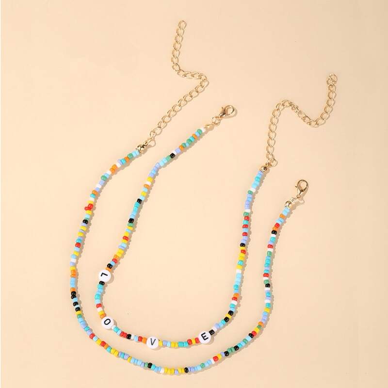 

2pcs Letter Beaded Necklace, Gold