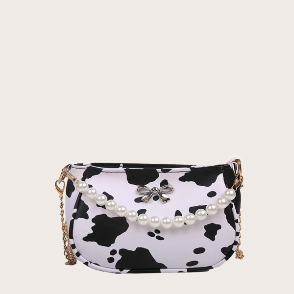 

Cow Print Satchel Bag, Black and white