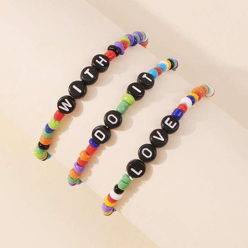 

3pcs Letter Beaded Bracelet, Multicolor