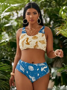 大码海洋动物印花高腰比基尼套装夏季海滩 - 彩色 - 查看 1