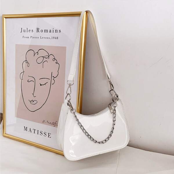 

Patent Leather Chain Shoulder Bag, White
