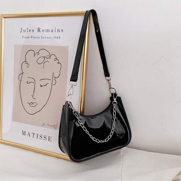 

Patent Leather Chain Shoulder Bag, Black