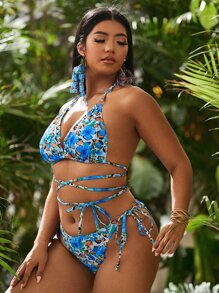 Plus Size Floral Triangle Tie Side Bikini Set Summer Beach - Multicolor - View 3