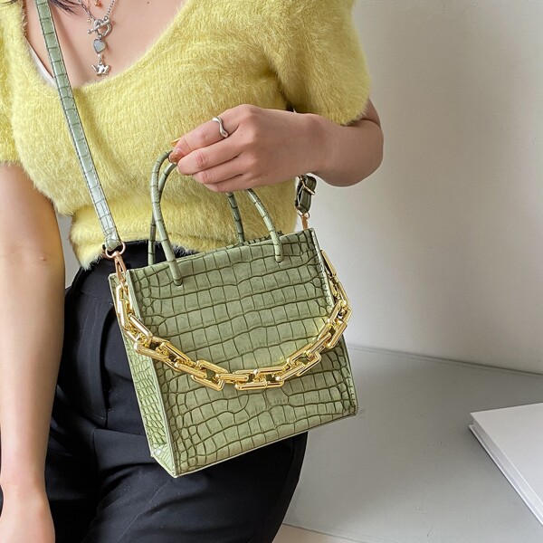 

Chain Decor Croc Embossed Satchel Bag, Green