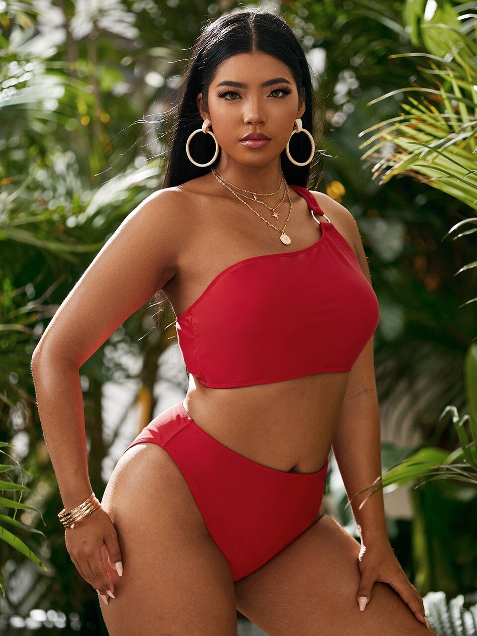 Plus Size Ring Linked One Shoulder Bikini Set Summer Beach