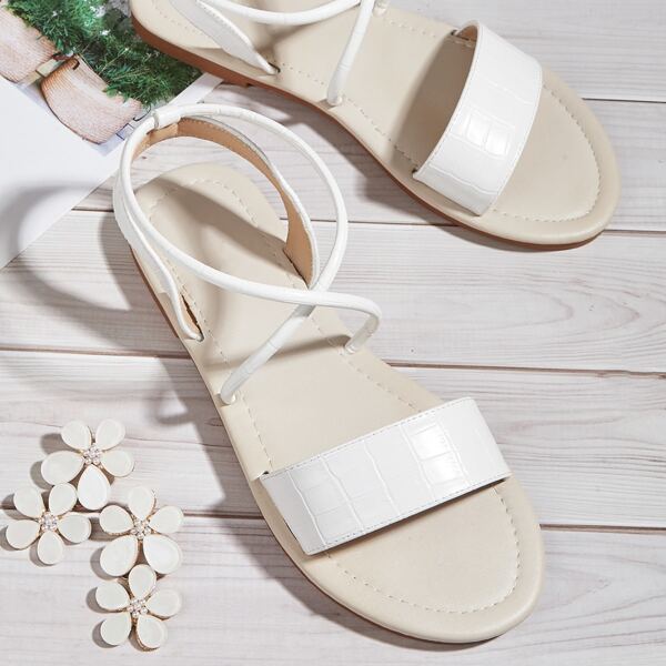 

Croc Embossed Flat Sandals, White