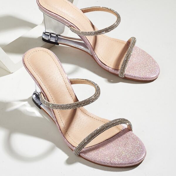 

Rhinestone Decor Clear Heeled Mule Wedges, Pink