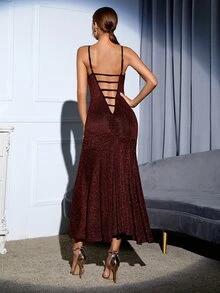 Backless Ruched Front Cami Dress - Maroon - View 2