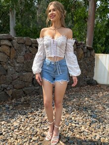 Eilly Bazar Off Shoulder Lace Up Front Schiffy Top - White - View 4