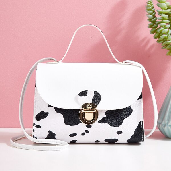 

Cow Pattern Push Lock Satchel Bag, Black and white