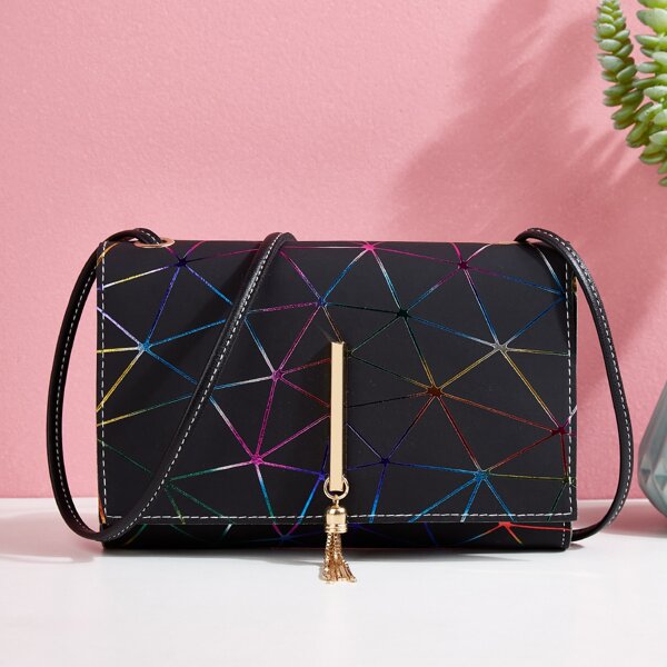

Metal Tassel Charm Geometric Graphic Crossbody Bag, Black