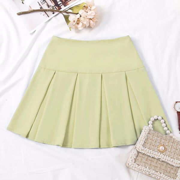 

Zip Side Solid Pleated Skirt, Lime green