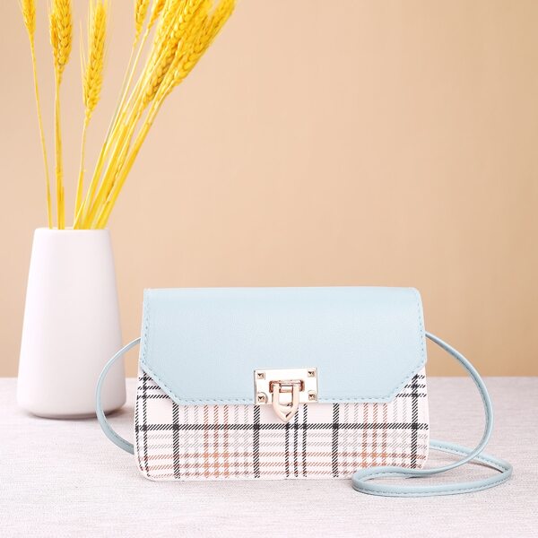 

Plaid Flap Crossbody Bag, Blue