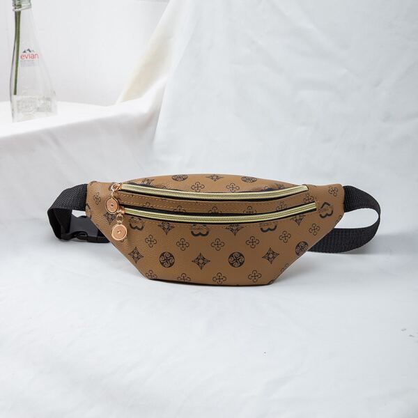 

Geometric Graphic Double Zip Front Fanny Pack, Brown
