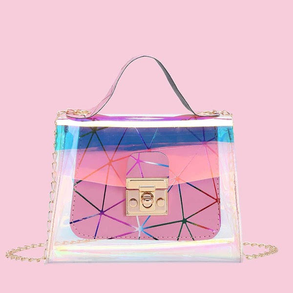 

Holographic Geometric Graphic Twist Lock Chain Bag, Pink