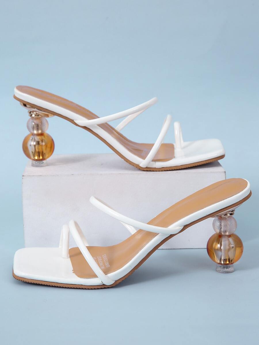 Thin Strap Sculptural Heeled Mules - White - View 1
