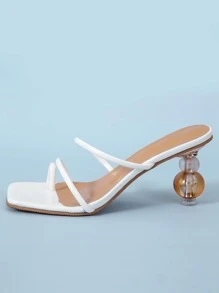 Thin Strap Sculptural Heeled Mules - White - View 3
