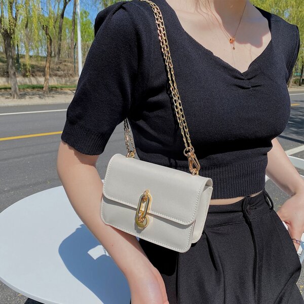 

Metal Lock Chain Shoulder Bag, Beige