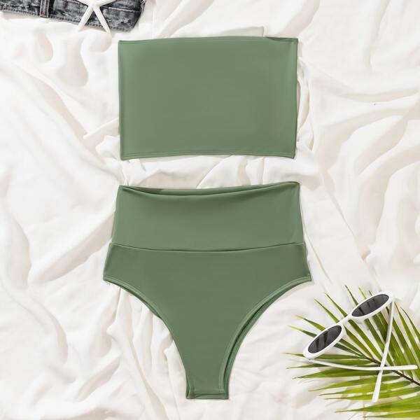 

Bandeau High Waisted Bikini Swimsuit, Army green