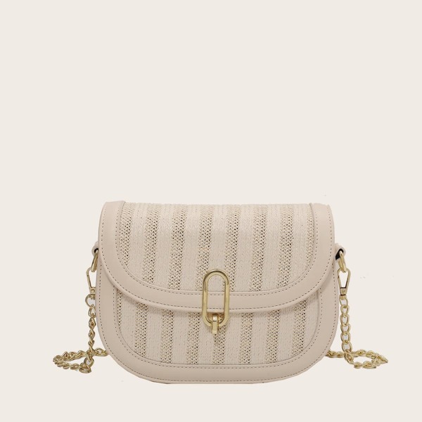 

Metal Lock Striped Chain Saddle Bag, Beige