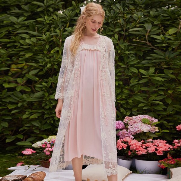 

Ruffle Trim Night Dress & Lace Robe, Baby pink