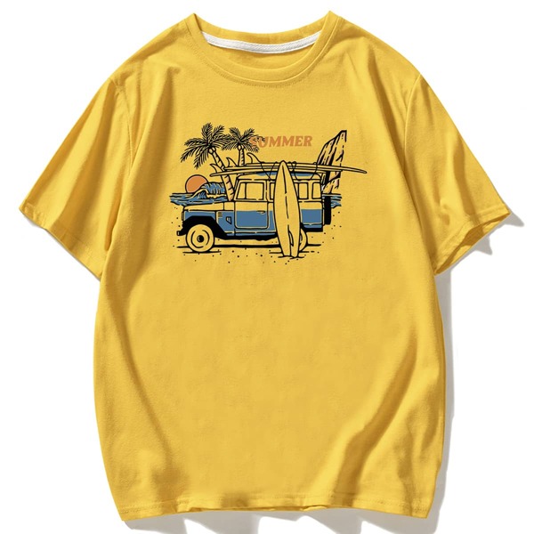 

Men Letter And Car Print Tee, Yellow