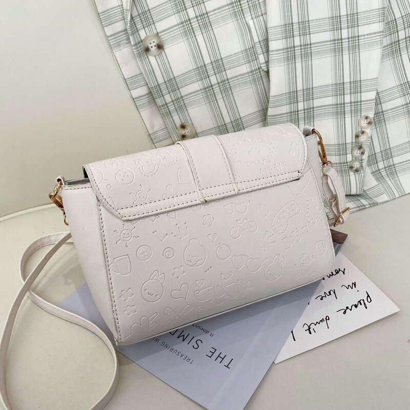 

Cartoon Embossed Buckle Crossbody Bag, White