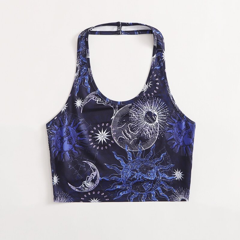 

Sun & Moon Graphic Halter Crop Top, Multicolor