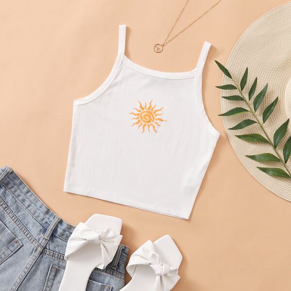 

Sun Print Crop Cami Top, White