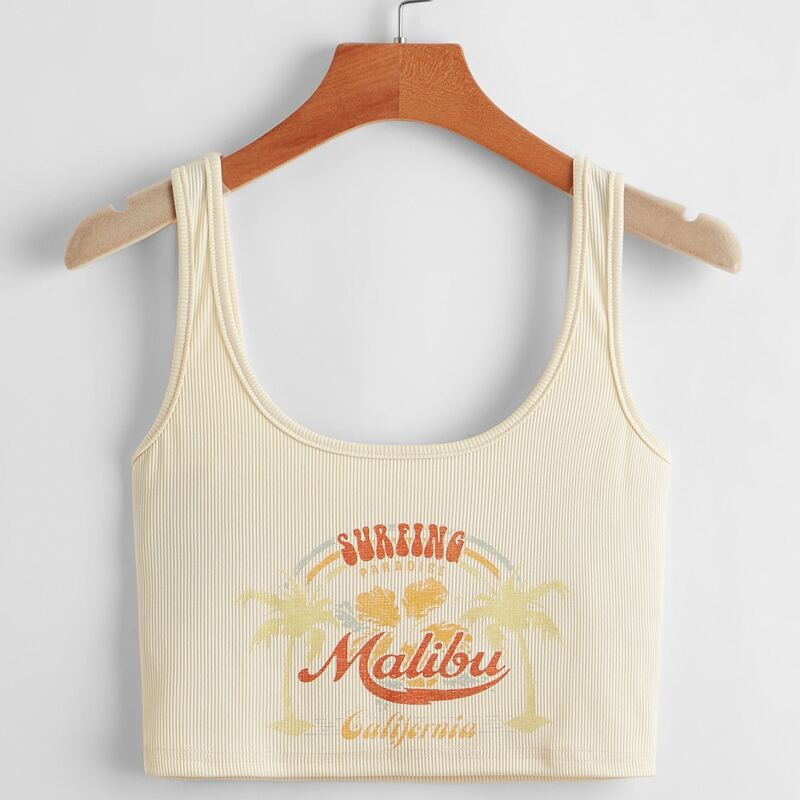 

Letter Tropical Graphic Ribbed Tank Top, Beige