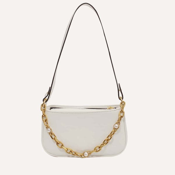 

Minimalist Zip-Up Chain Satchel Bag, White
