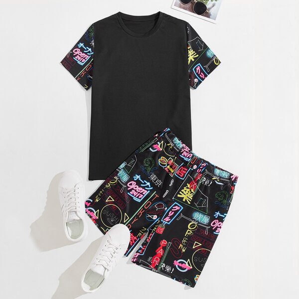 

Men Tee & Japanese Letter Graphic Shorts, Black