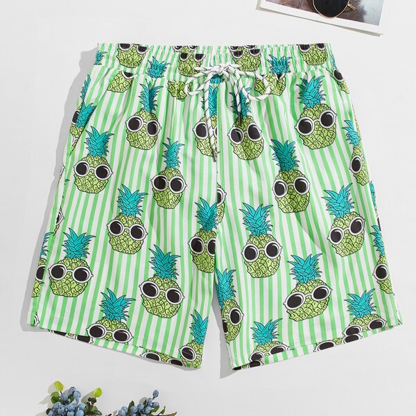 

Men Pineapple And Striped Swim Trunks, Lime green