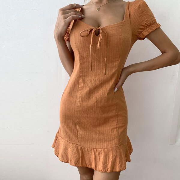 

Puff Sleeve Tie Front Ruffle Hem Dress, Orange